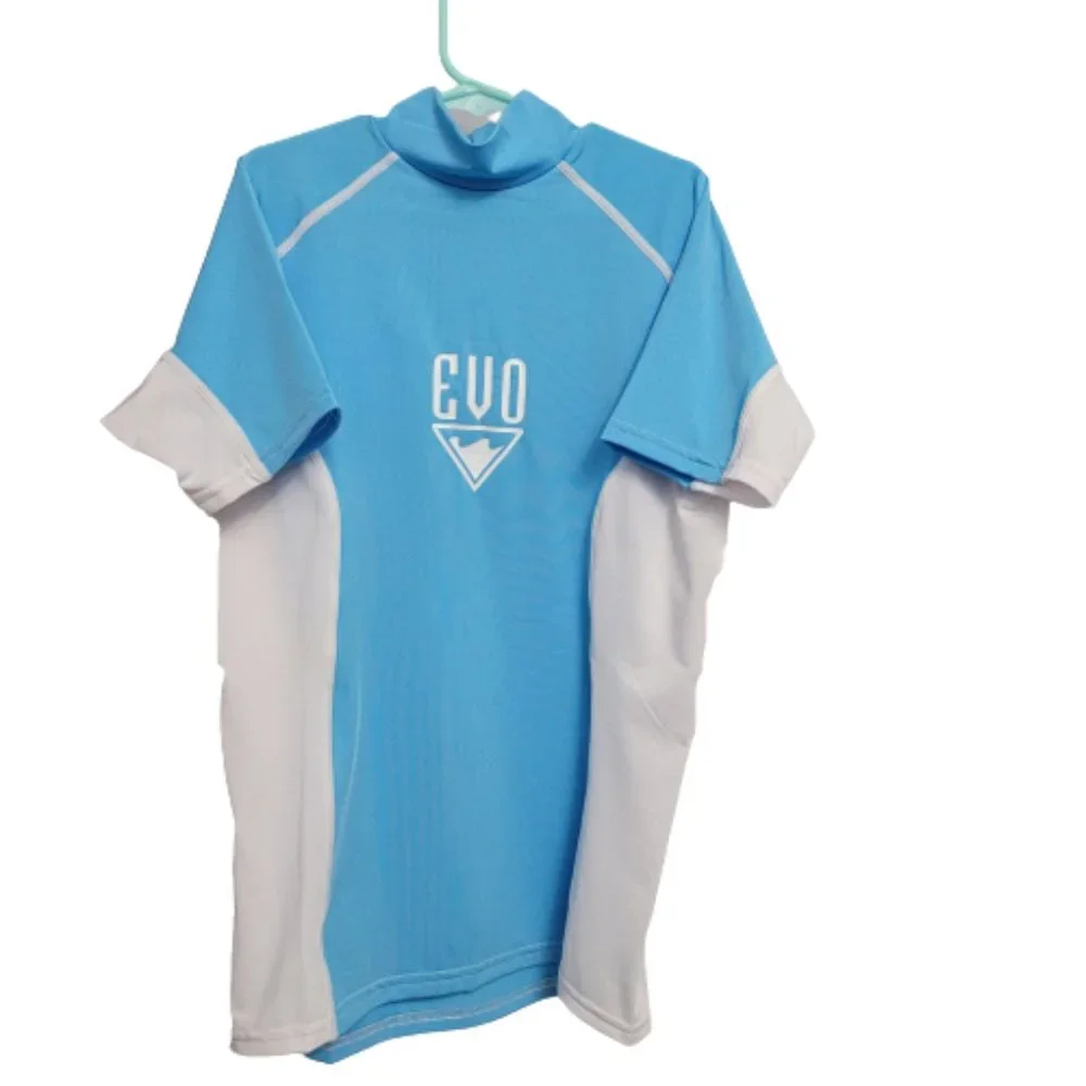 Evo Boys Rashguard Sun Shirt UPF 30 Short Sleeve White Blue Size L (14-16) New